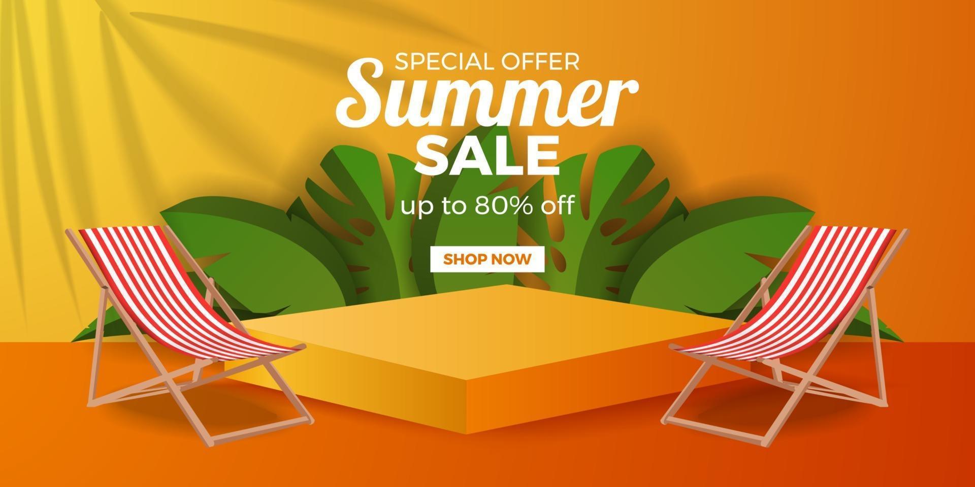 Banner de oferta de venta de verano con pedestal de podio con fondo naranja vector