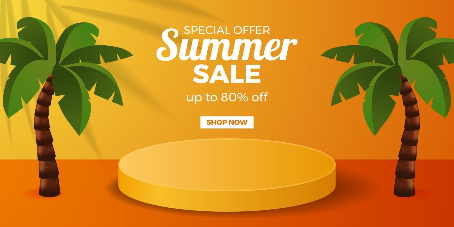 Banner de oferta de venta de verano con pedestal de podio con fondo naranja vector