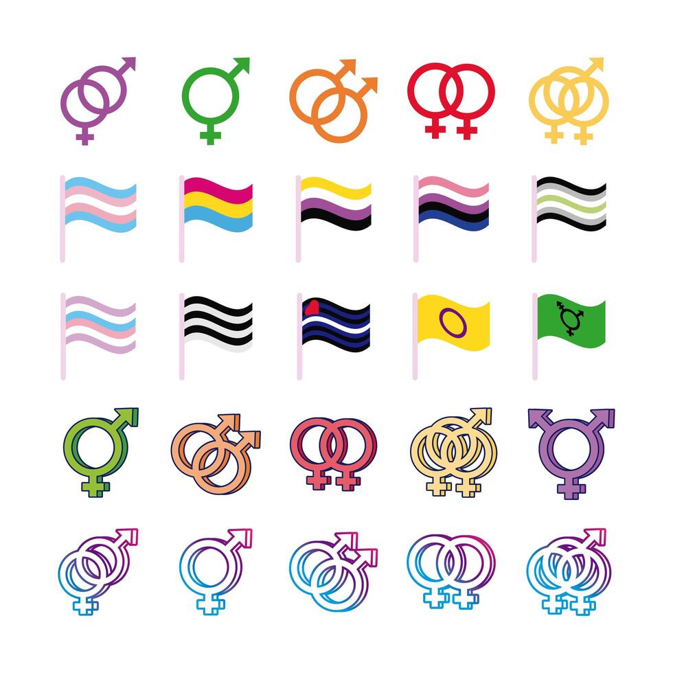 bundle of genders symbols of sexual orientation and flags multi style icons vector