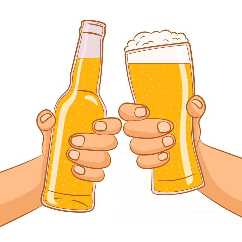 Clinking hands with beer and foam vector