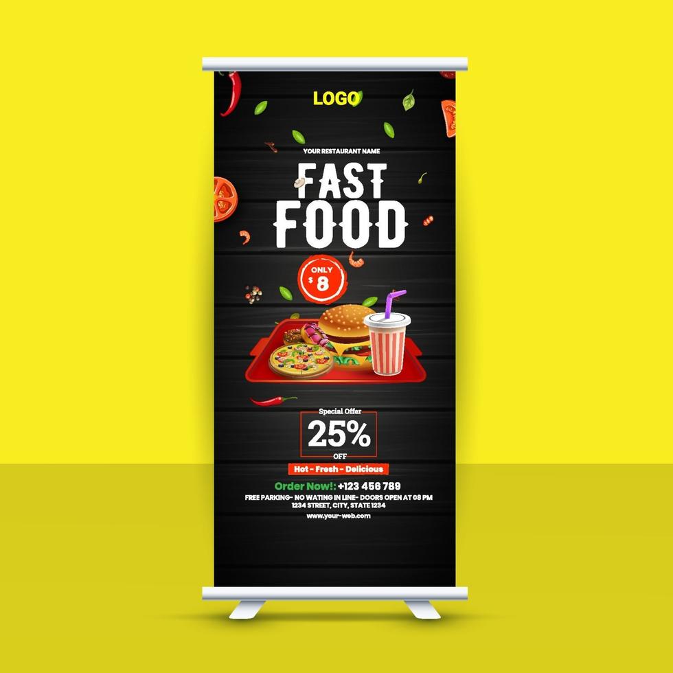 idea de diseño de banner enrollable de comida rápida gratis para restaurante vector