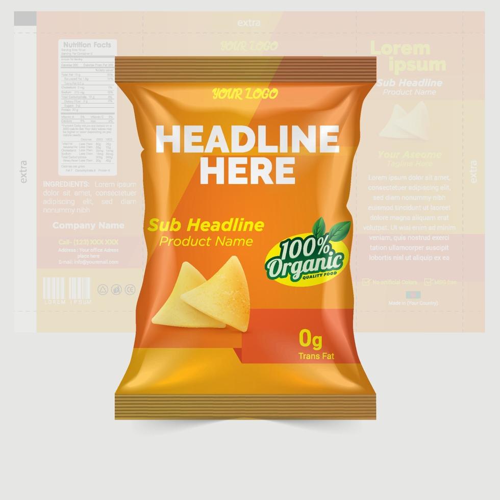 Potato chips and dry fruits package design foil bags isolated on white background in 3d illustration vector