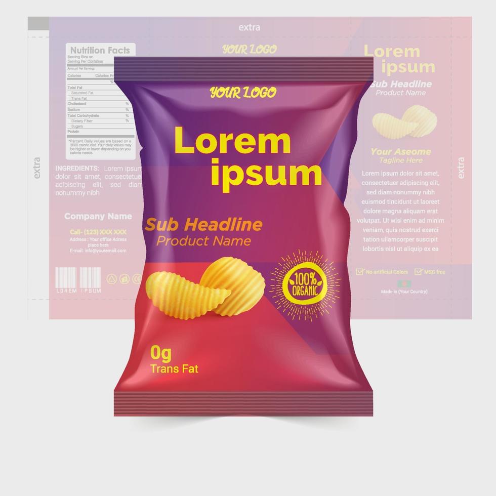 Potato chips and dry fruits package design foil bags isolated on white background in 3d illustration vector