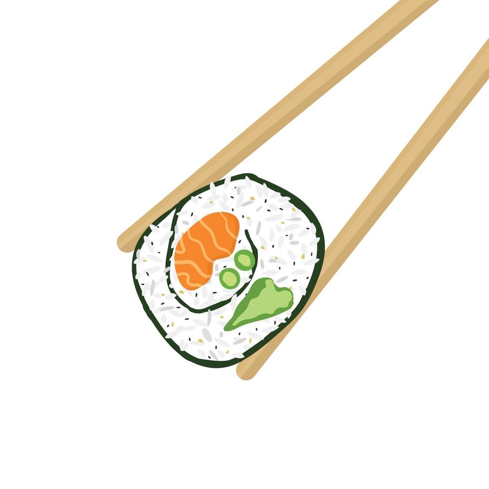 Palillos de madera y rollo de sushi en la ilustración de fondo blanco vector