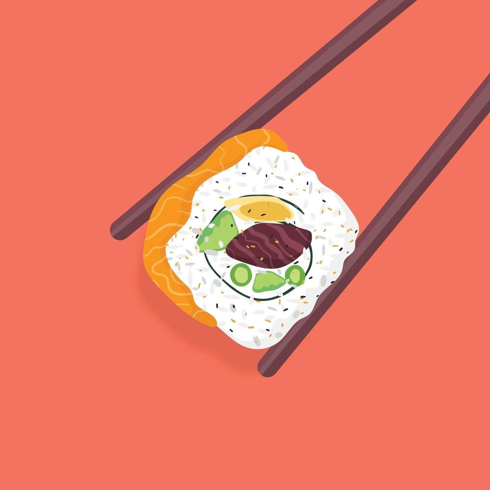 Palillos de madera y rollo de sushi en la ilustración de fondo blanco vector