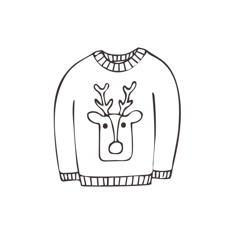 Sweater with a deer face Hand drawn sketch isolated on white background An element of clothing for New Year and Christmas design Outline doodle drawing style Black and white vector illustration