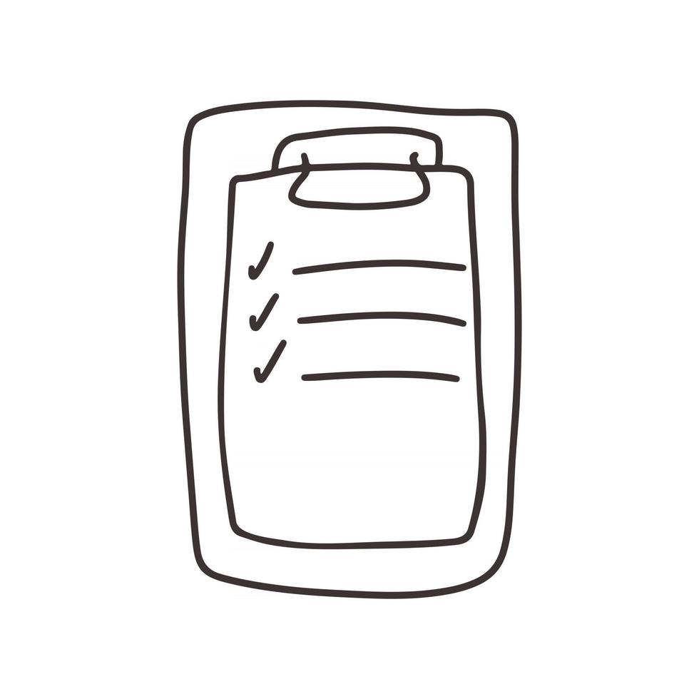 lista de tareas en un portapapeles garabatos icono de esbozo dibujado a mano aislado sobre fondo blanco ilustración monocromática en blanco y negro hoja de verificación para marcar la tarea completa vector