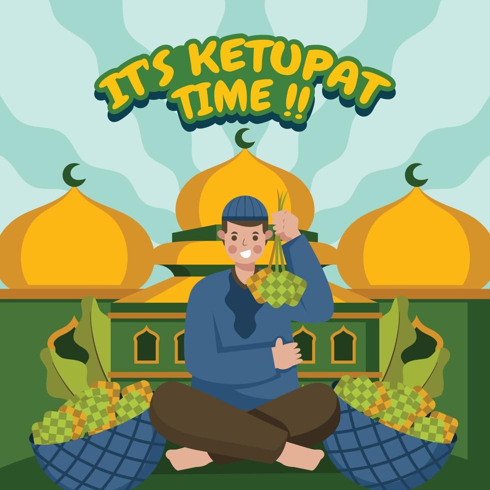 Young Religious Man Offering Ketupat vector