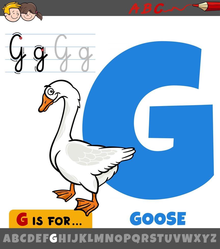 Letra g del alfabeto con personaje animal de ganso de dibujos animados vector
