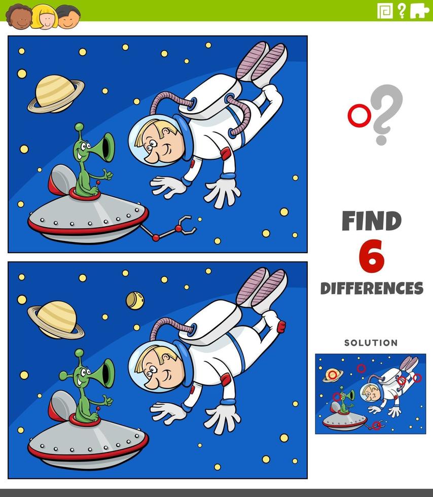 juego educativo de diferencias con astronauta de dibujos animados y extraterrestre vector