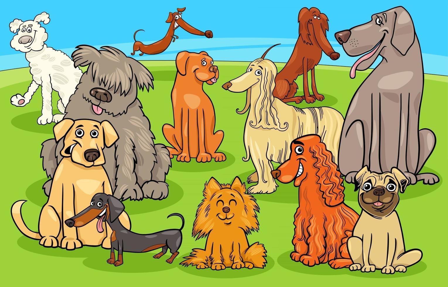 grupo de personajes de perros y cachorros de raza pura de dibujos animados vector