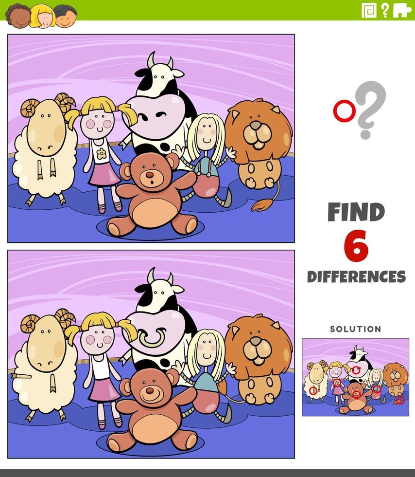 juego educativo de diferencias con peluches de dibujos animados vector