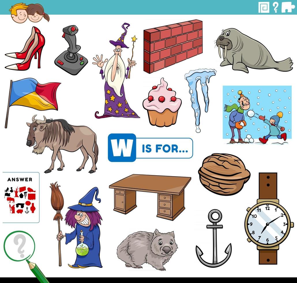 letter w words educational task for children vector