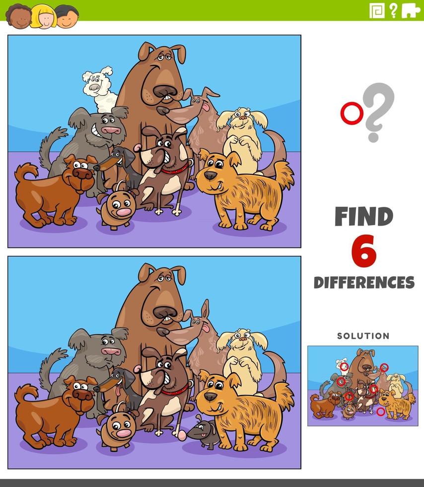 differences educational game with cartoon dogs characters vector