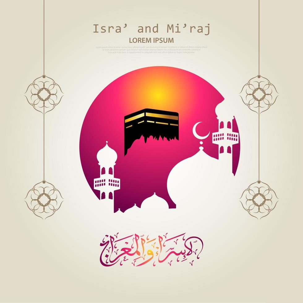 ilustración de isra y miraj el diario nocturno del profeta muhammad con un color dorado con una combinación de adornos circulares tarjeta de felicitación tradicional vector