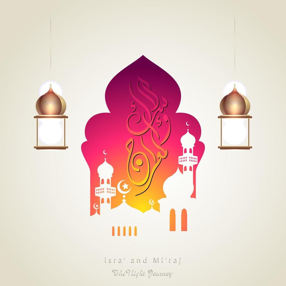 ilustración de isra y miraj el diario nocturno del profeta muhammad con un color dorado con una combinación de adornos circulares tarjeta de felicitación tradicional vector