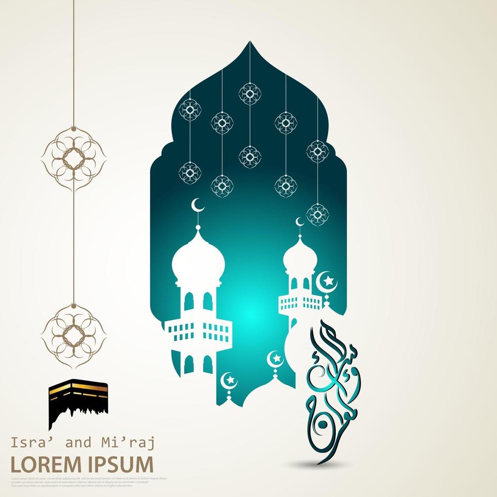 ilustración de isra y miraj el diario nocturno del profeta muhammad con un color dorado con una combinación de adornos circulares tarjeta de felicitación tradicional vector