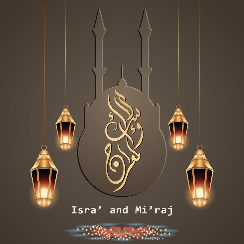 Illustration of isra and miraj the night journay of prophet muhammad with a golden color with a combination of circular ornaments Traditional greeting card vector