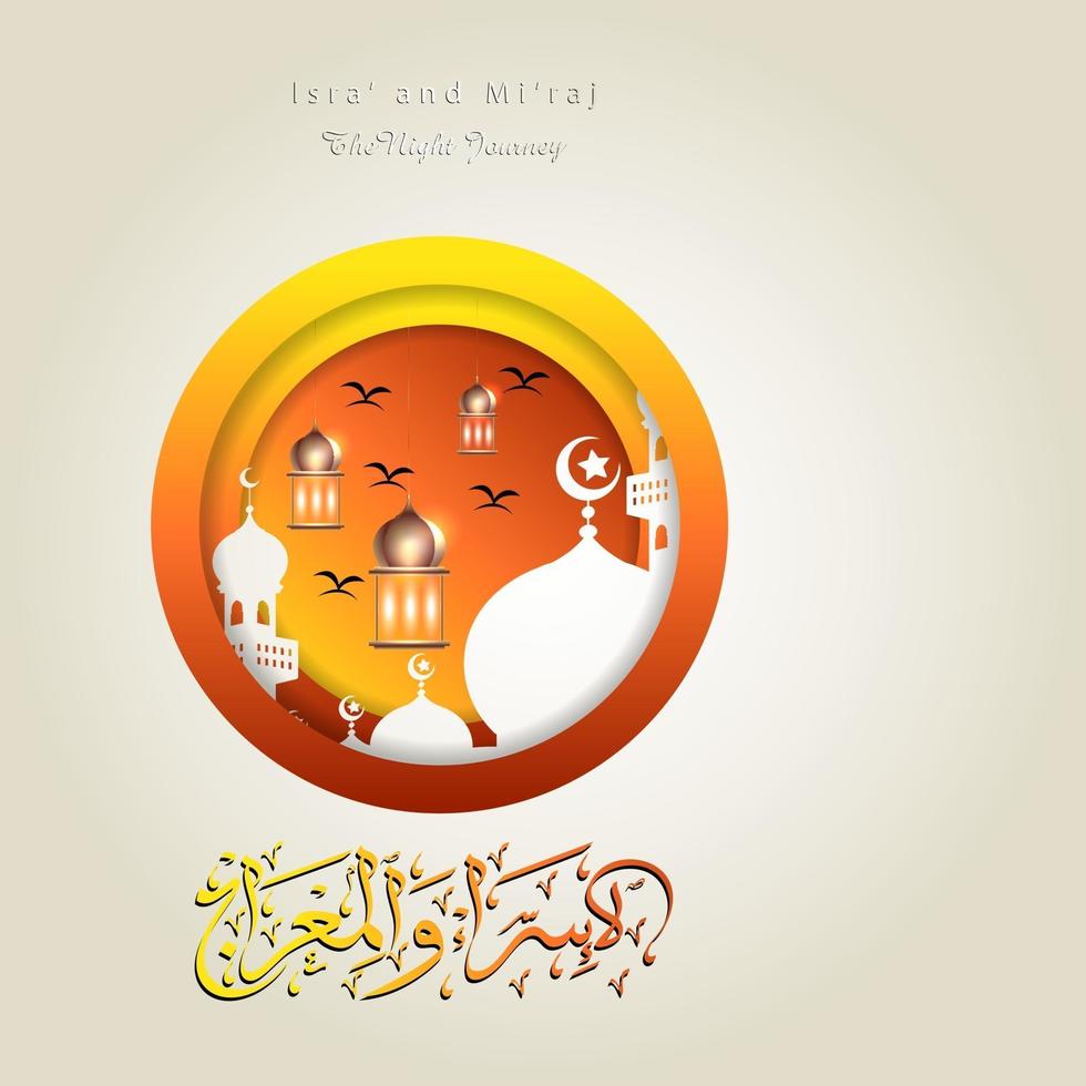 ilustración de isra y miraj el diario nocturno del profeta muhammad con un color dorado con una combinación de adornos circulares tarjeta de felicitación tradicional vector