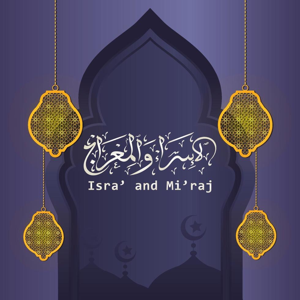 ilustración de isra y miraj el diario nocturno del profeta muhammad con un color dorado con una combinación de adornos circulares tarjeta de felicitación tradicional vector