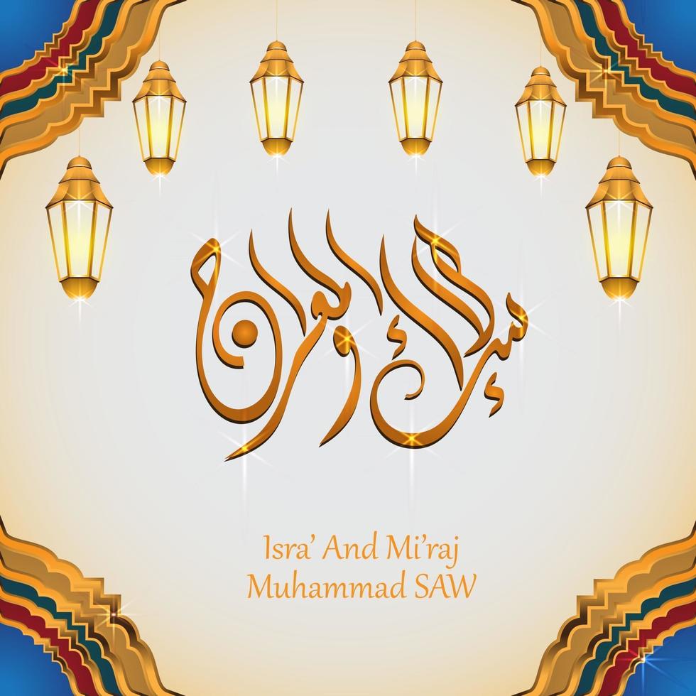 ilustración de isra y miraj el diario nocturno del profeta muhammad con un color dorado con una combinación de adornos circulares tarjeta de felicitación tradicional vector