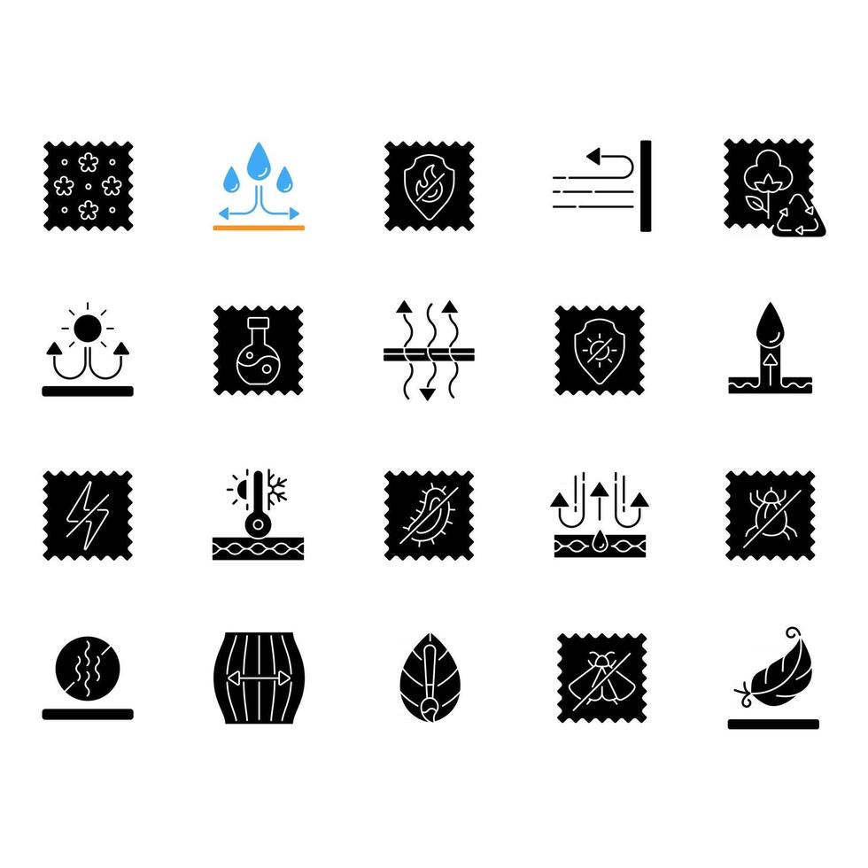 Different types of fabric feature black glyph icons set on white space vector