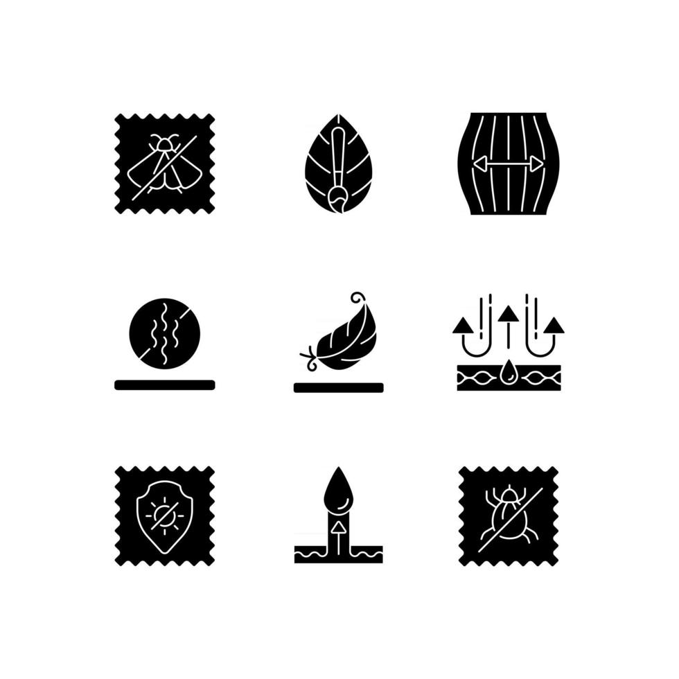 Different types of fabric feature black glyph icons set on white space vector