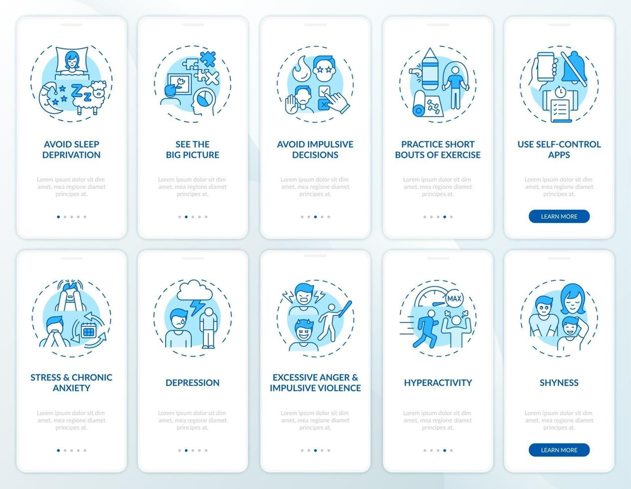 Self control blue onboarding mobile app page screen with concepts set vector