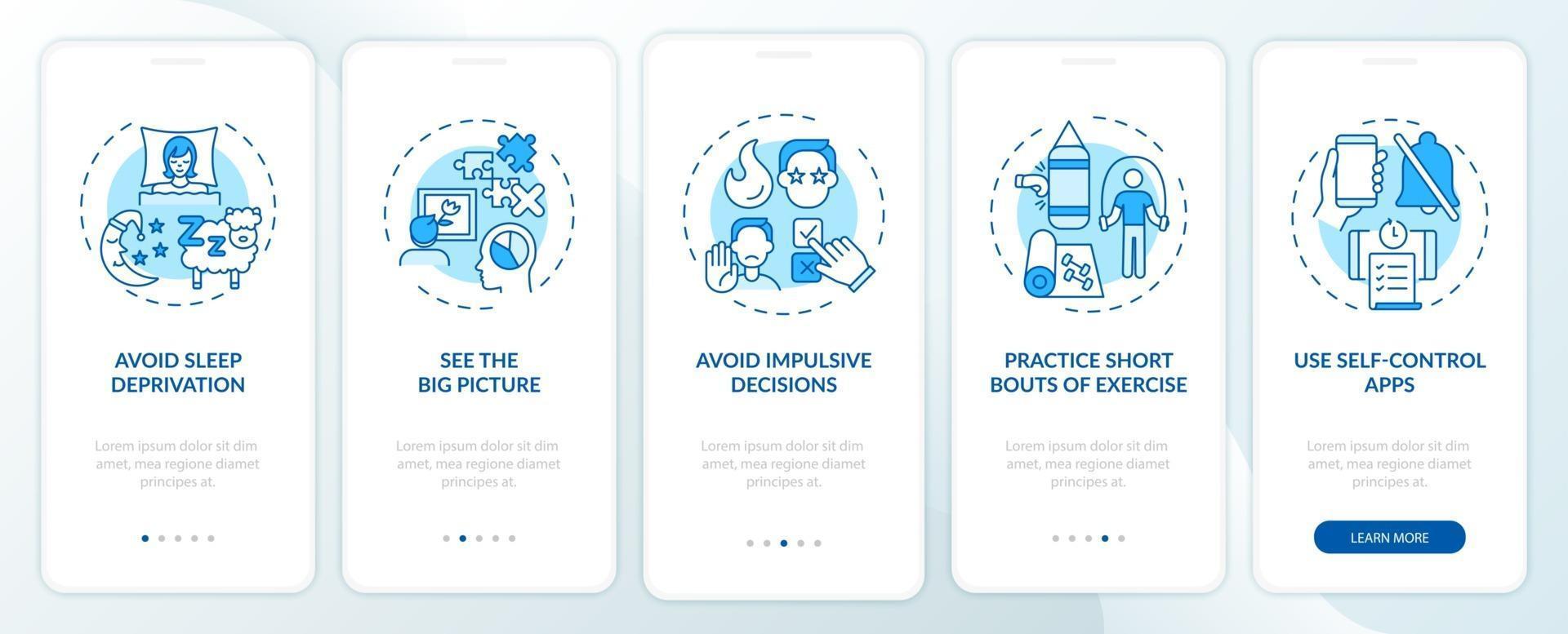 Self control boosting tips blue onboarding mobile app page screen with concepts vector