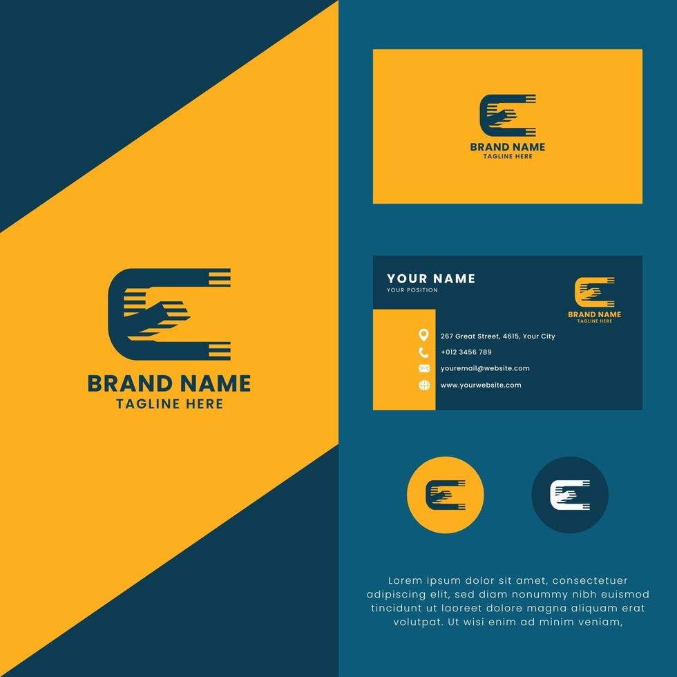 3D Lines Shadow Letter E Logo with Business Card Template vector