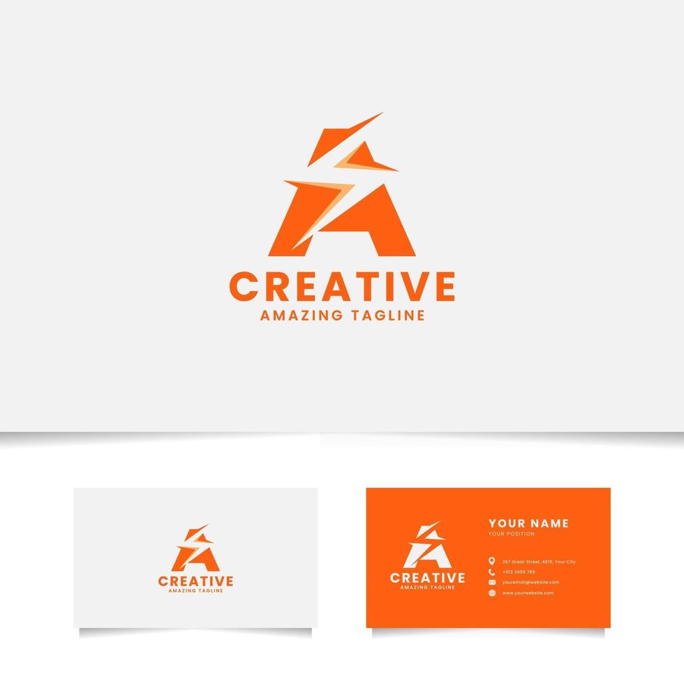 flash de espacio negativo en la letra a logotipo con plantilla de tarjeta de visita vector
