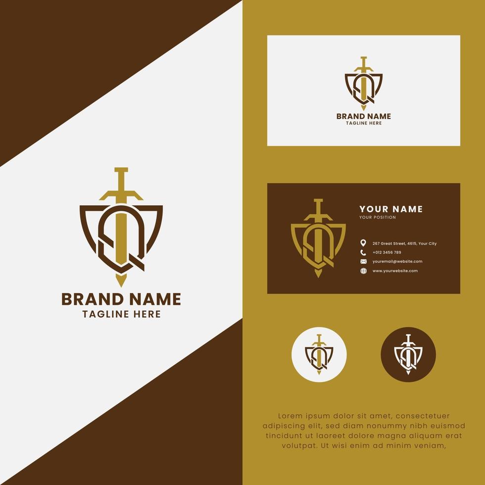 Letter Q and Sword on Shield Logo with Business Card Template vector