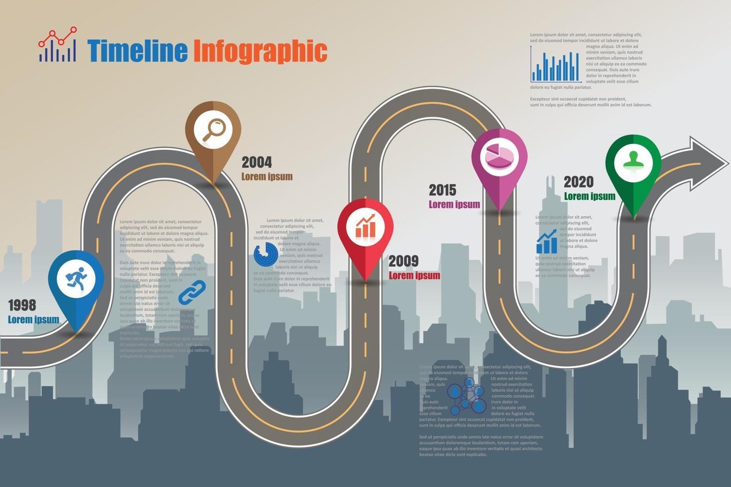 mapa de ruta de negocios ciudad de infografía de línea de tiempo diseñada para fondo abstracto plantilla elemento de hito diagrama moderno tecnología de proceso marketing digital presentación de datos gráfico ilustración vectorial vector