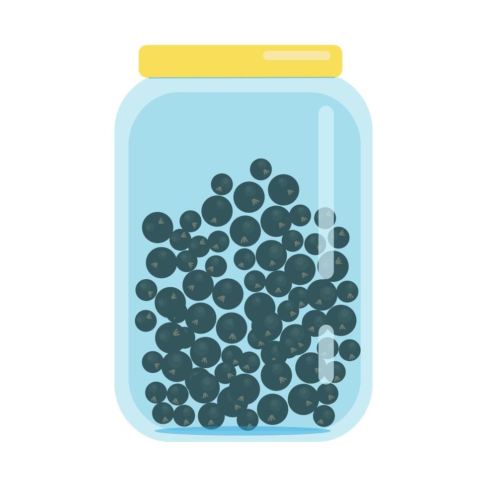 Glass jar closed with a lid filled with black currants, blanks of dried fruits, vector illustration in flat style, isolate, cartoon