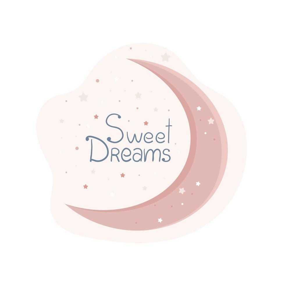inscripción dulces sueños, lindo cartel en colores pastel para niños en la guardería, luna y estrellas, objeto vectorial en estilo plano vector