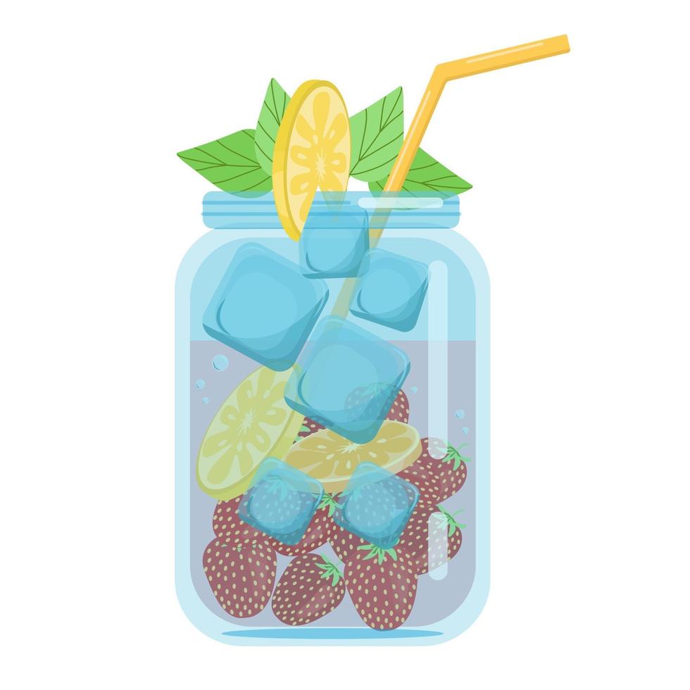 Soft drinks, fruit cocktails strawberries with orange, carbonated soft drink in a glass jar decorated with a slice of lemon, vector object in flat style on a white background