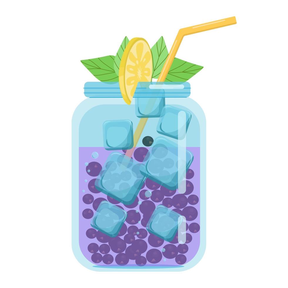 Soft drinks, fruit cocktails with black currants, carbonated soft drink in a glass jar, vector object in flat style on a white background