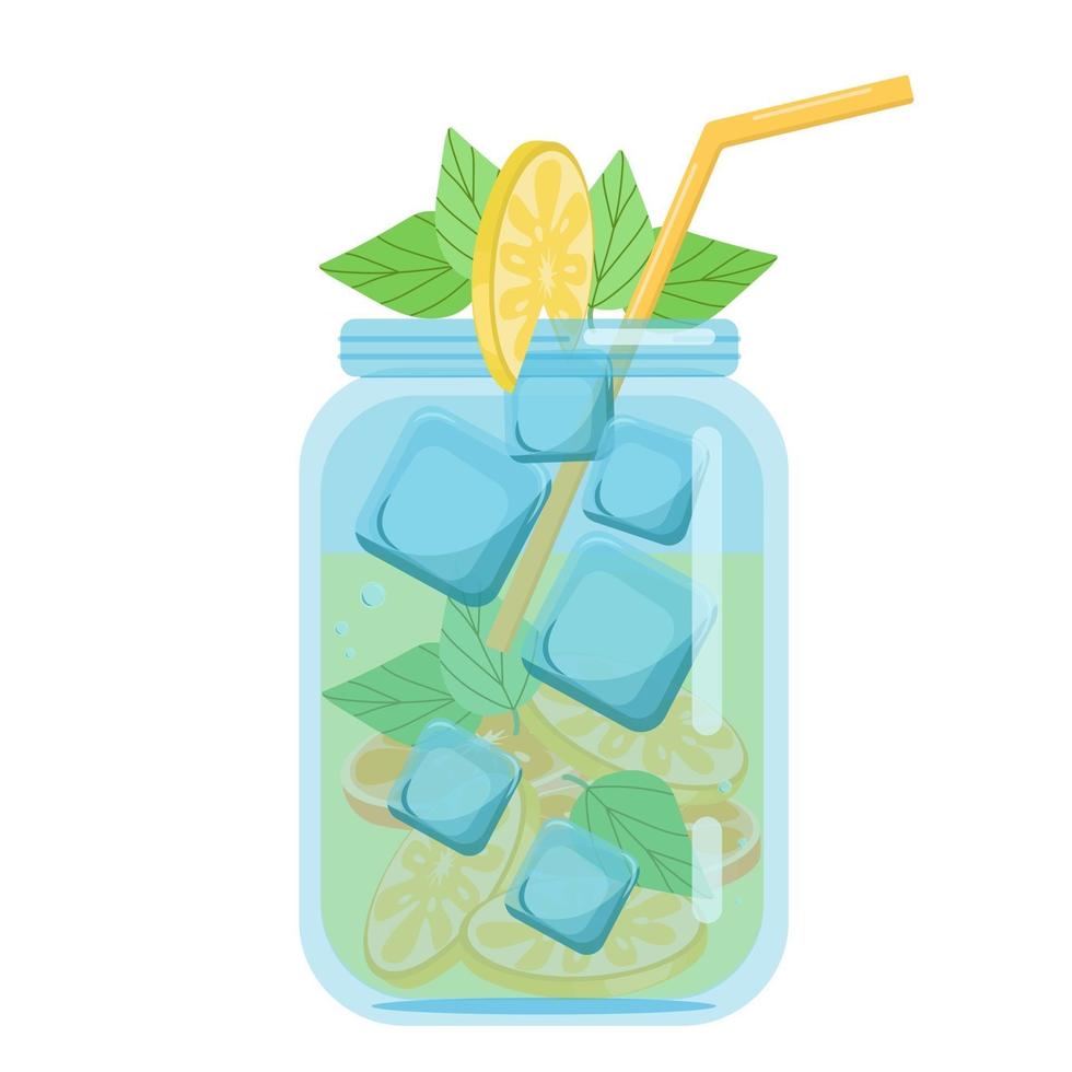 refrescos, batidos de frutas con limón y menta, refresco carbonatado en un frasco de vidrio, objeto vectorial en estilo plano sobre un fondo blanco vector