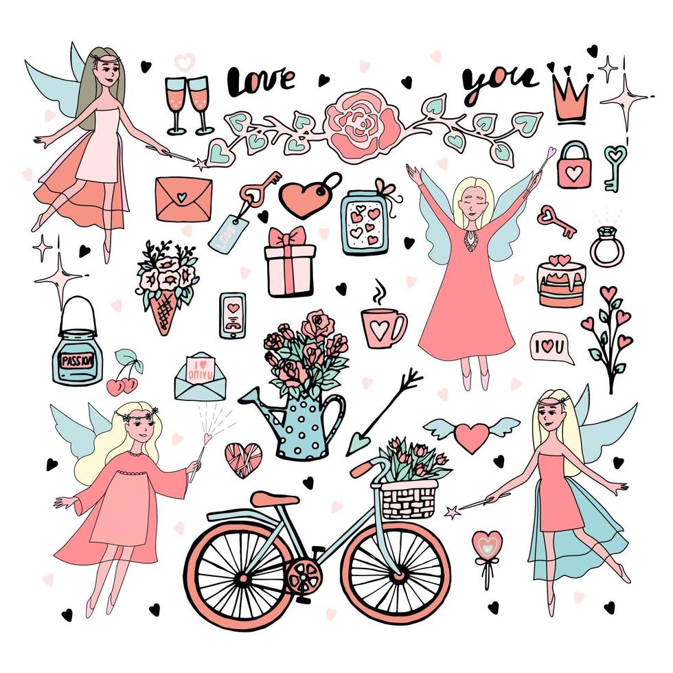 Big set for Valentines Day Cupids and magic fairies Vector illustration in doodle style