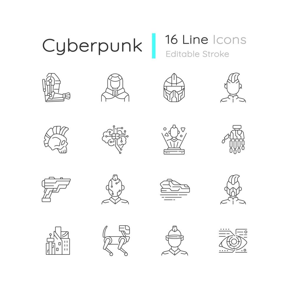 Cyberpunk linear icons set vector