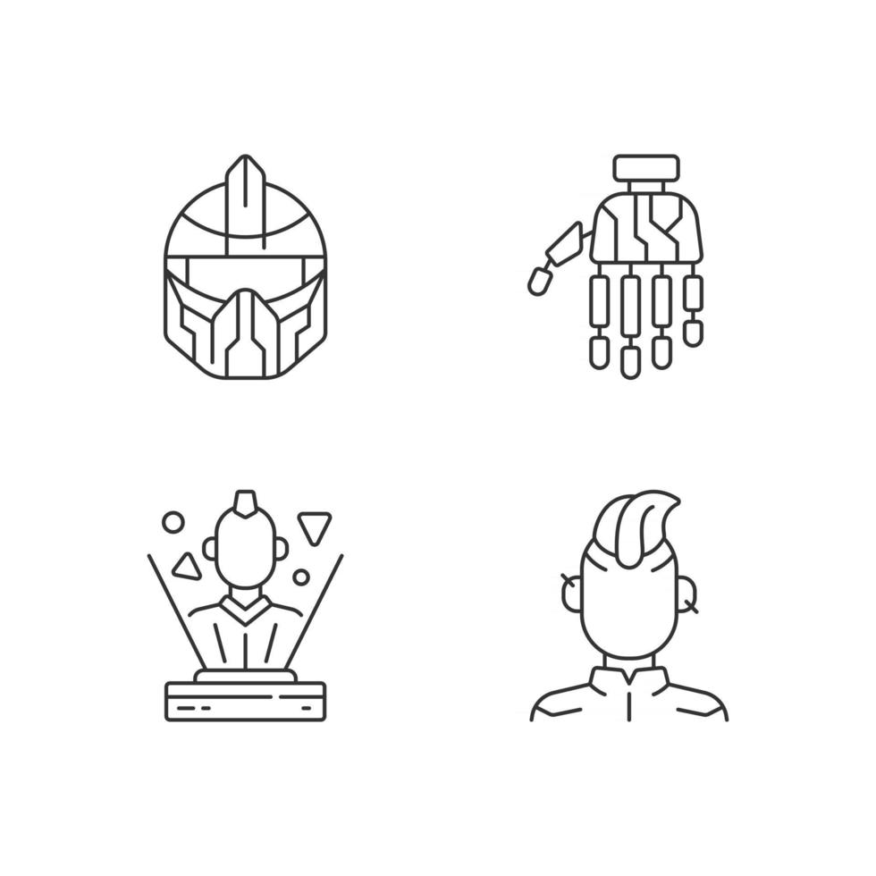 Human body cyberpunk augmentations linear icons set vector