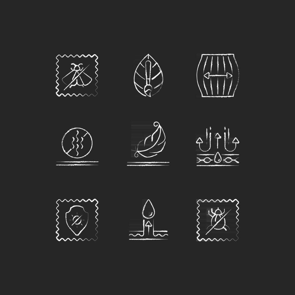 Different types of fabric feature chalk white icons set on black background vector