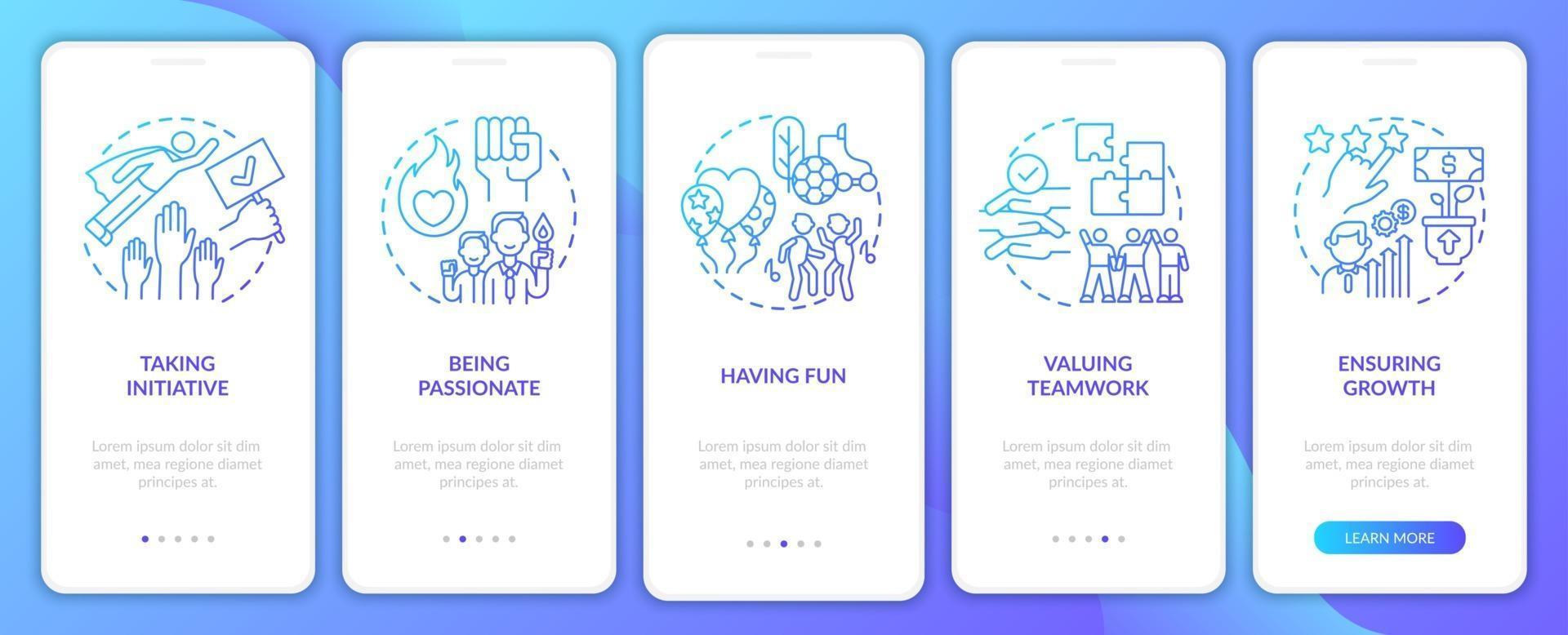 Basic business core values onboarding mobile app page screen with concepts vector