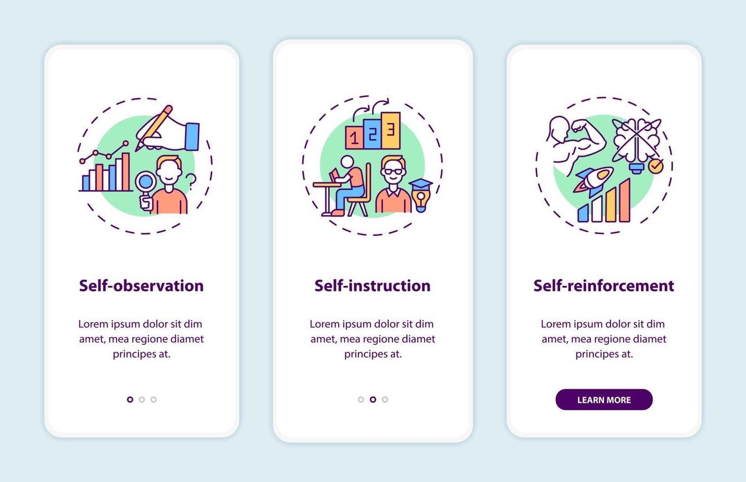 Self control techniques onboarding mobile app page screen with concepts vector