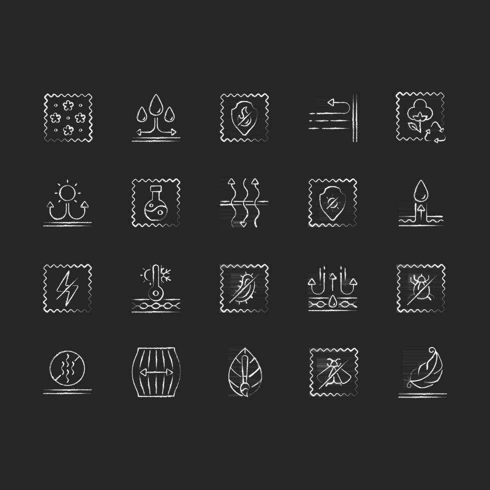 Different types of fabric feature chalk white icons set on black background vector