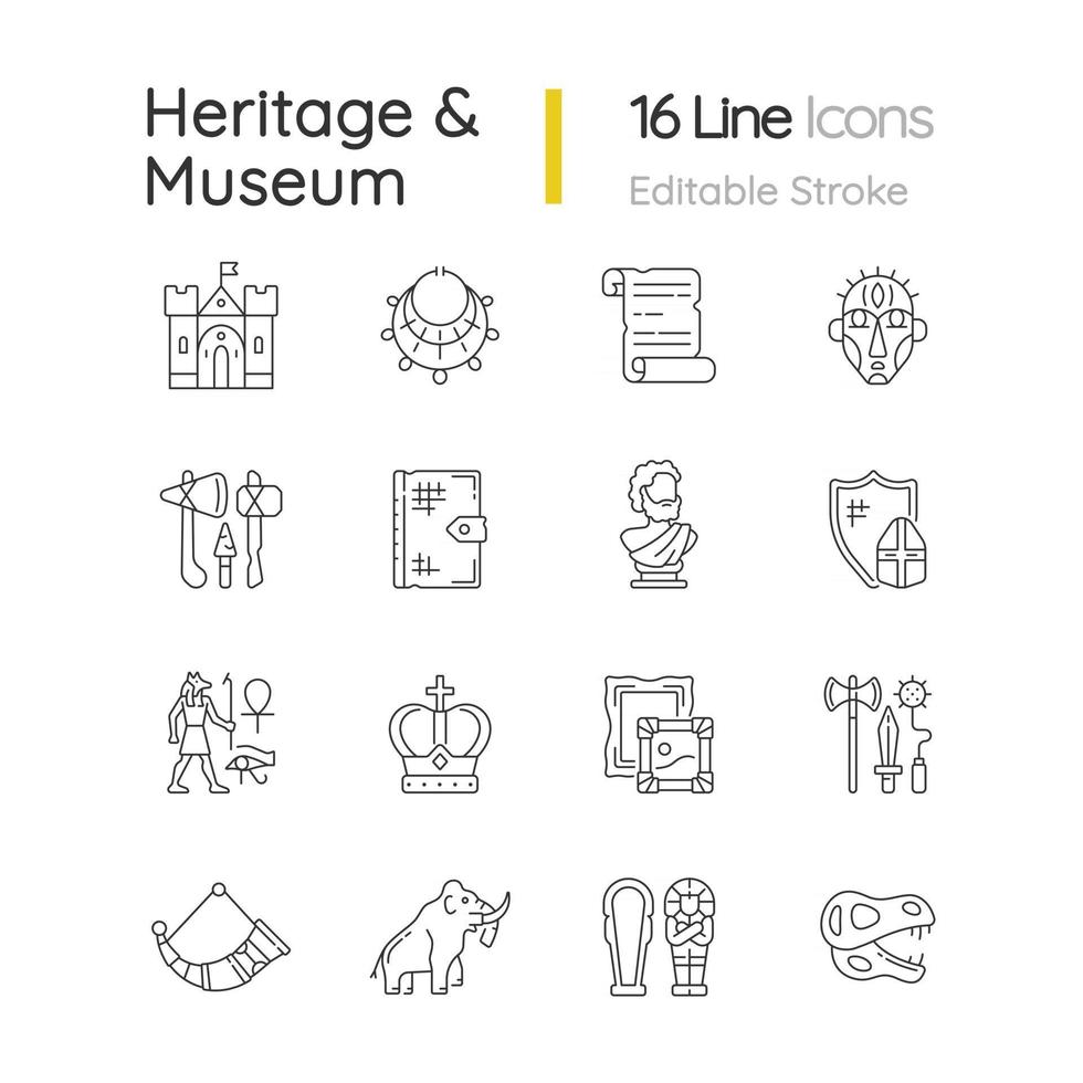 patrimonio y museo conjunto de iconos lineales vector