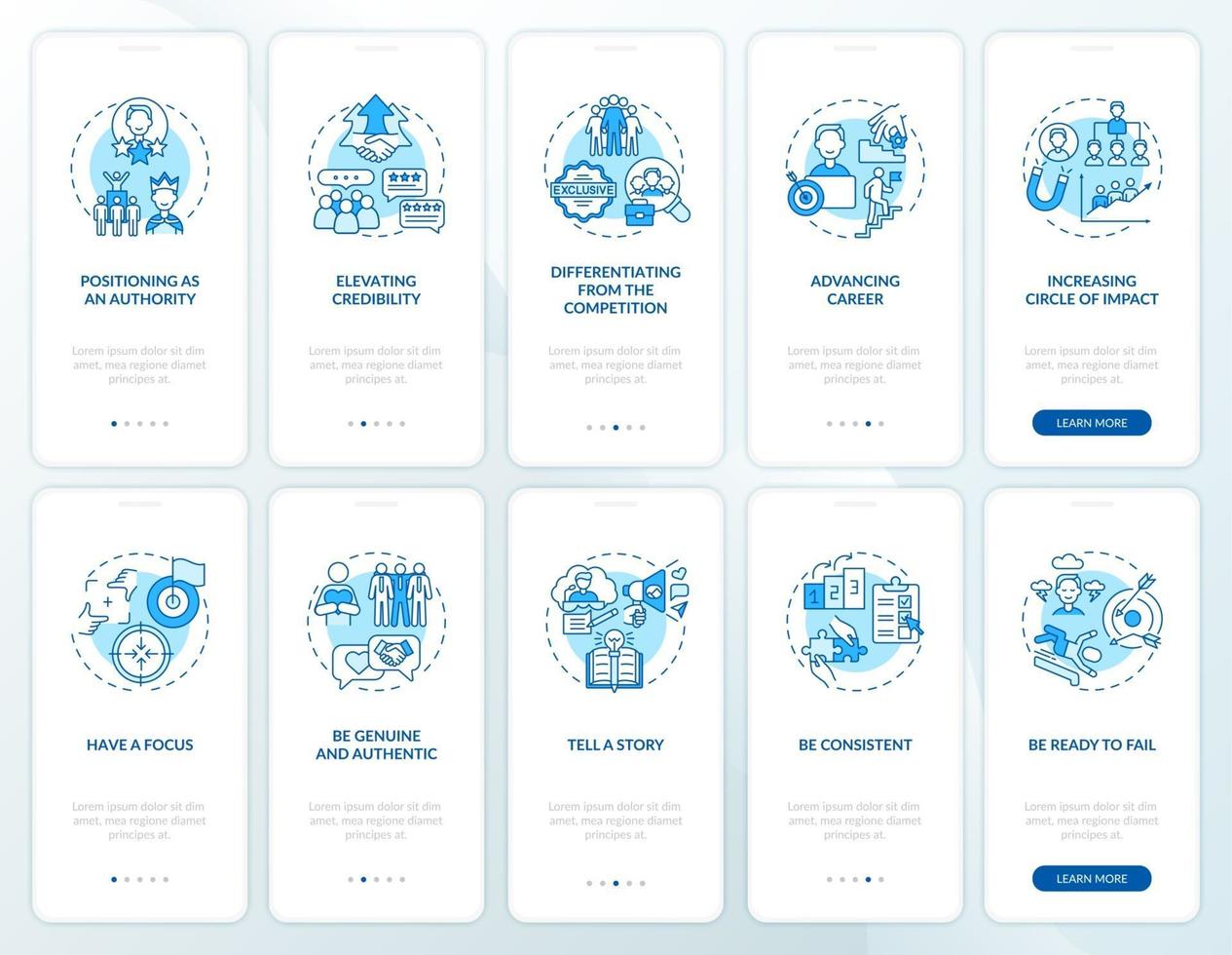Personal branding blue onboarding mobile app page screen with concepts set vector