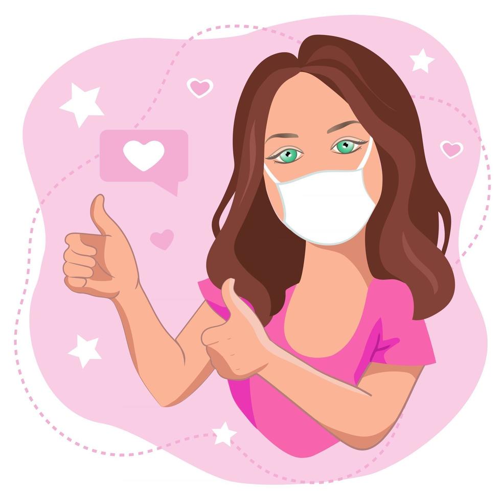 A young  young  brown haired  girl in medical face mask  with thumbs up vector