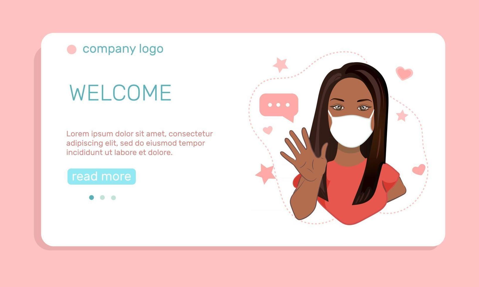 A young  girl in medical face mask  waving hand landing page template vector illustration in flat style