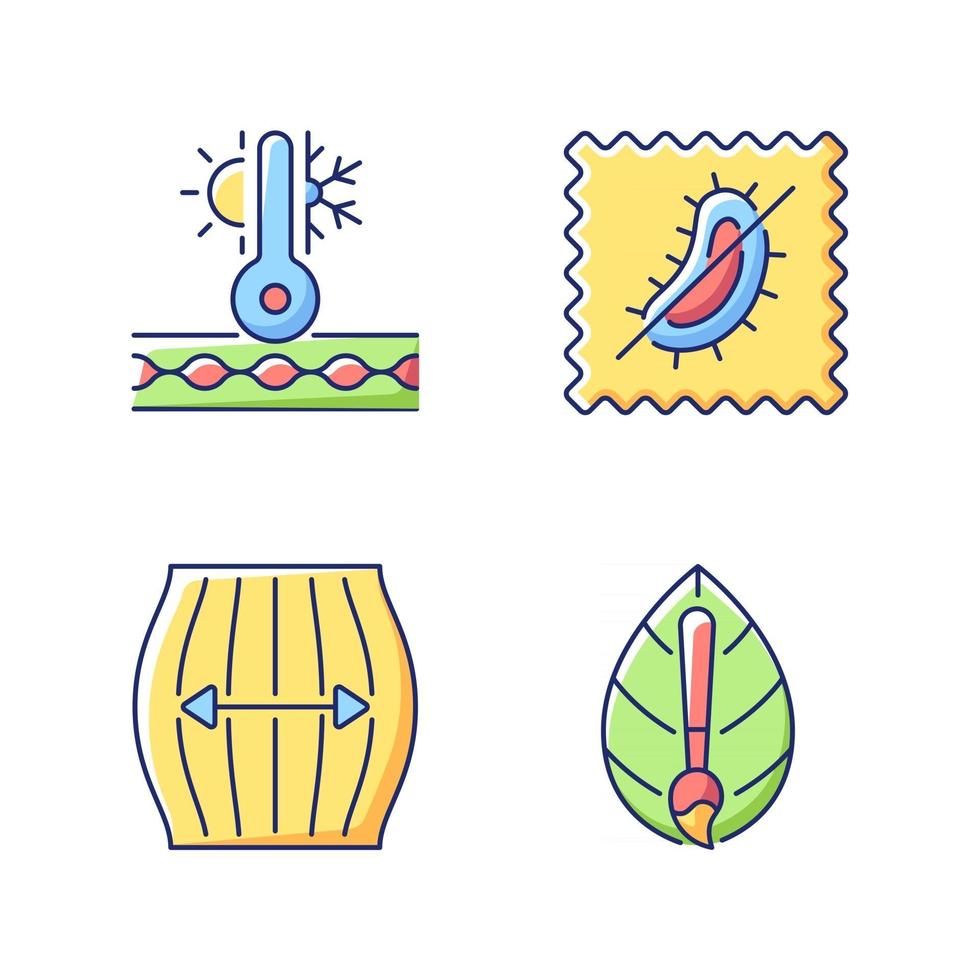 Different fabric features vector flat color icon set